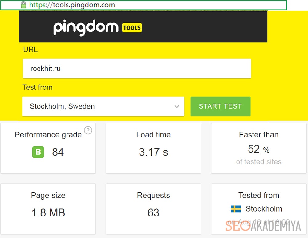 Проверка скорости загрузки на Pingdom Website Speed Test