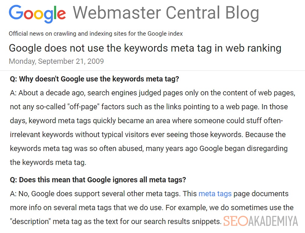Заявление ПС Google о мета-таге keywords 