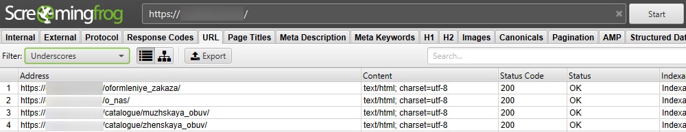 Анализ url адресов в сервисе screaming-frog