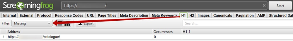Анализ заголовков h1 в скриминг фрог
