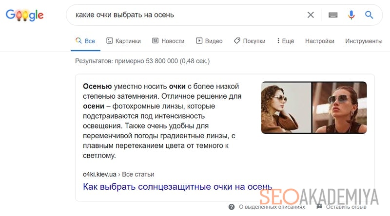 блок выделенных описаний в гугл пример