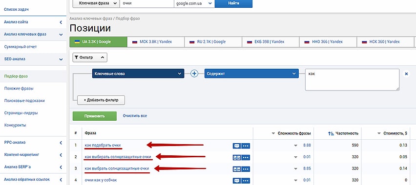 Поиск тем для статей в серпстате 