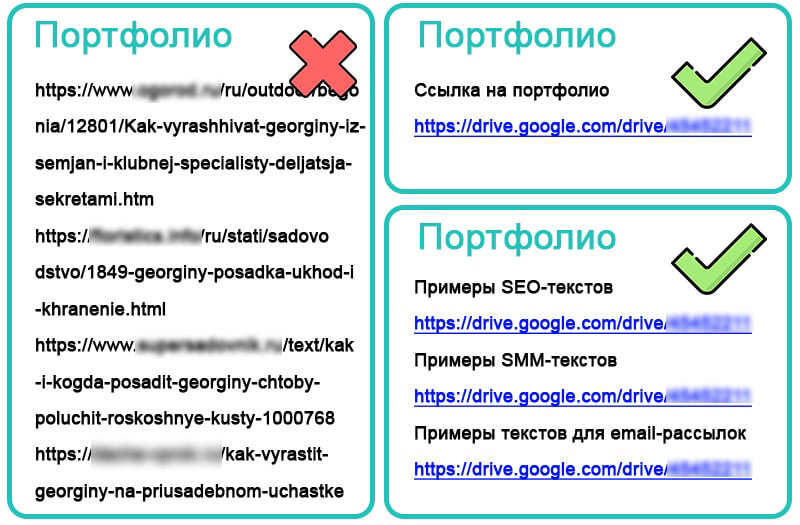 образец как заполнять в резюме портфолио