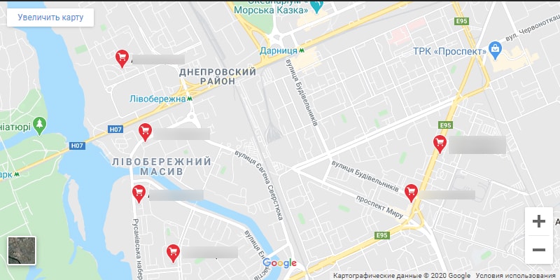 Подключенная к сайту гугл карта с филиалами