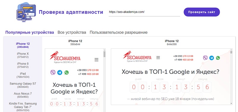 проверка адаптивности сайта в websiteplanet скрин