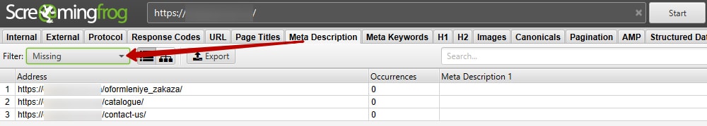 Проверка мета-тегов description в screaming frog