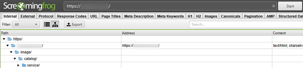 Скрин вкладки internal в screaming frog seo spider
