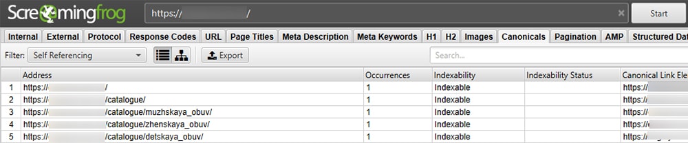 screaming frog скрин вкладки canonicals