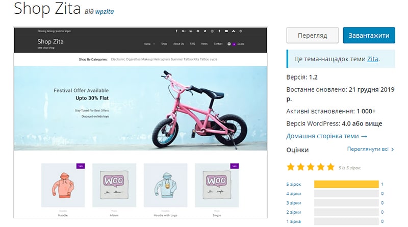 Шаблон Shop Zita на WP пример
