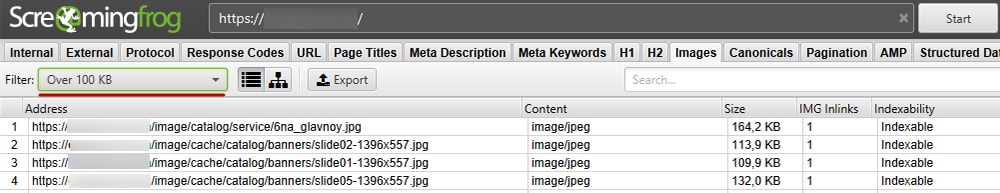 Скрин вкладки images в программе Скриминг фрог