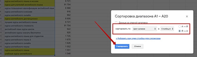 Расширение для Google Таблиц сортировка ключевых слов по цвету 