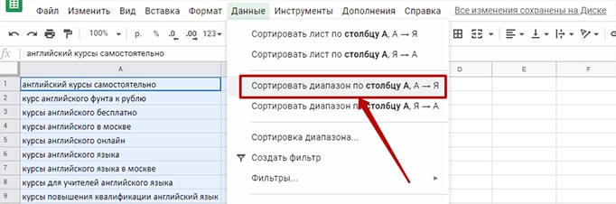 Сортировка запросов в семантике по алфавиту